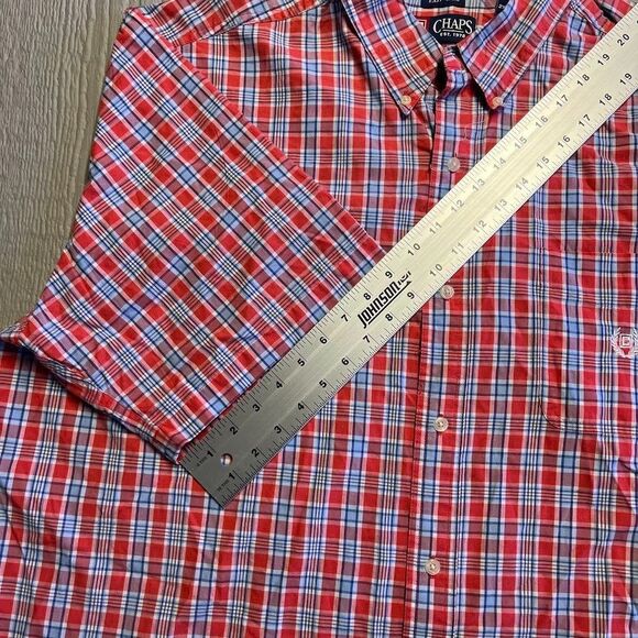 Chaps Red Blue Plaid Button Up Shirt Men's Size 2XT Short Sleeve Crest Easy Care - Picture 11 of 11